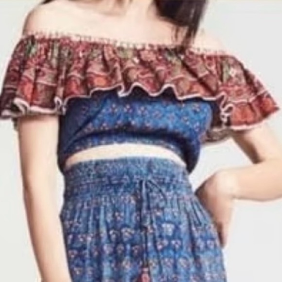 Faherty Small Ruffle Crop Top Off Shoulder Boho Sleeveless Bohemian - Picture 1 of 6